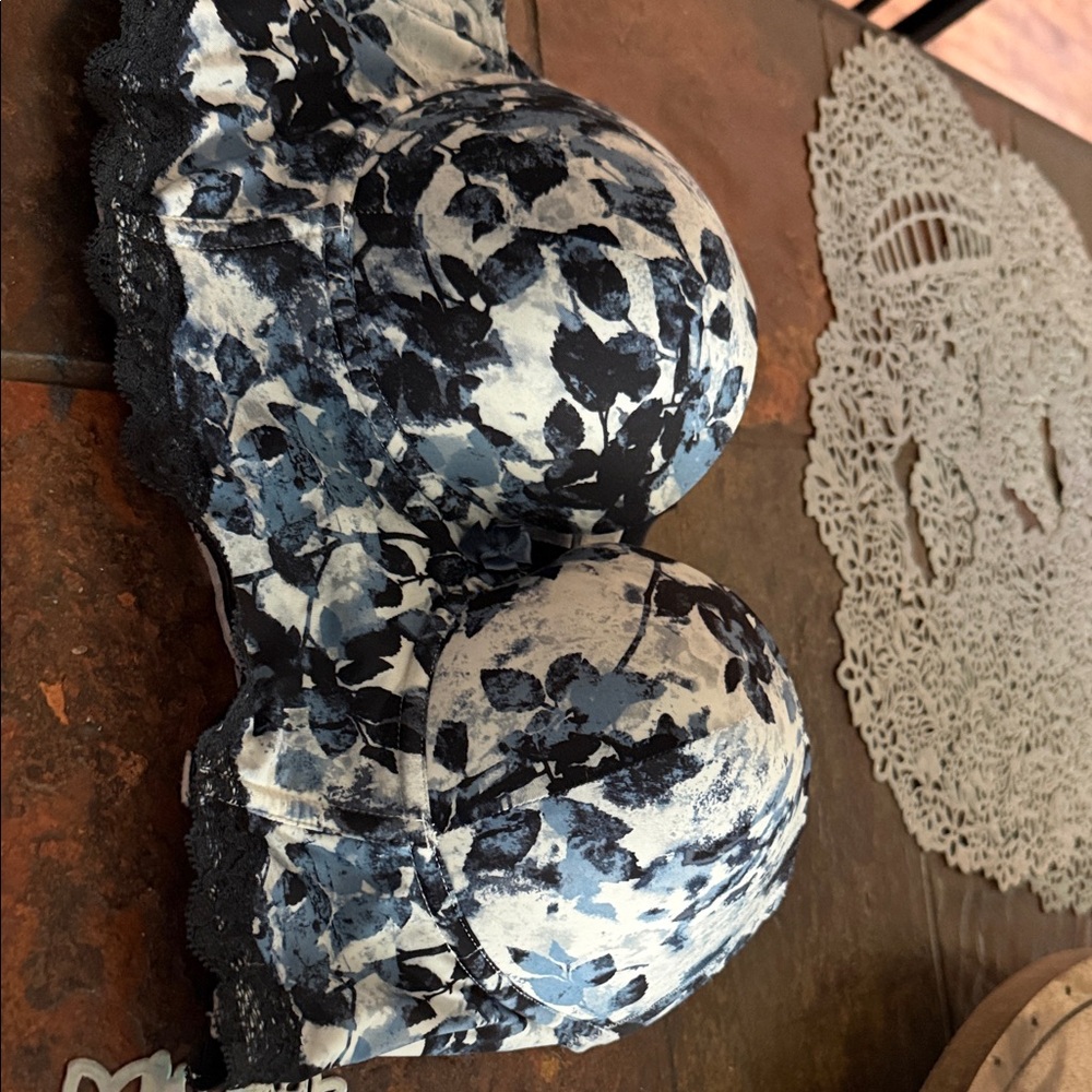 Adore Me Blue and Black Floral Lace-Trim Bra
